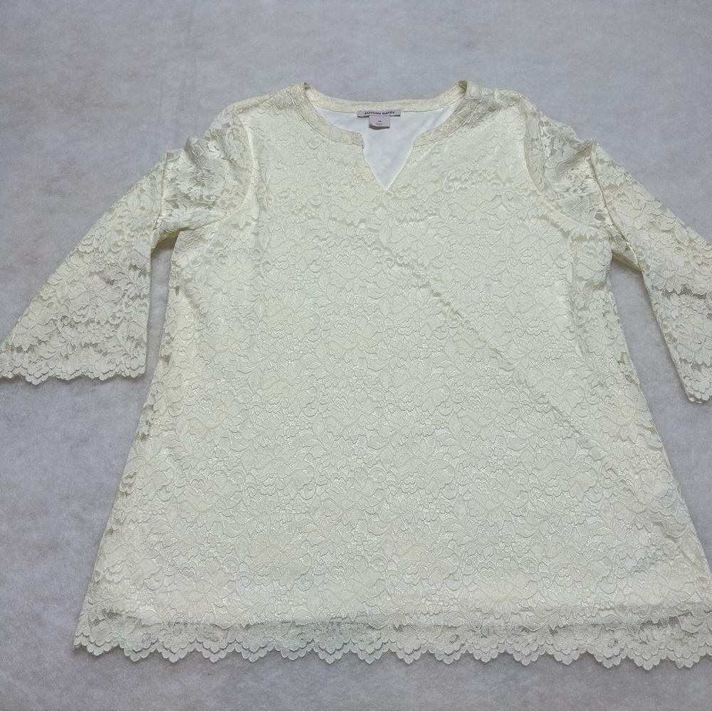 Allison Daley Lace Overlay Tunic 3/4 Sleeve Cream/Ivory Scallop Hem Size Medium